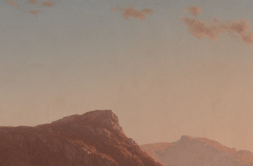 The painting's monumental anchor; its flat plateau reads as almost architectural, a natural altar presiding over the tiny human camp below.