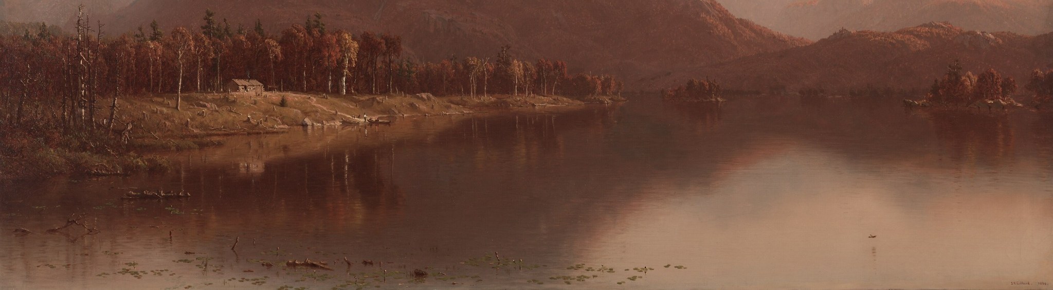 The mirror doubles the golden sky and mountain, creating a vertical symmetry that deepens the sense of stillness and infinite recession.
