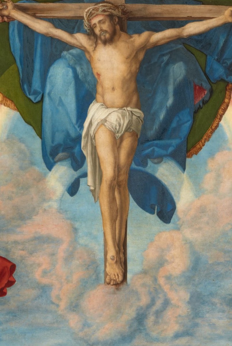 Christ is on the cross, surrounded by angels.