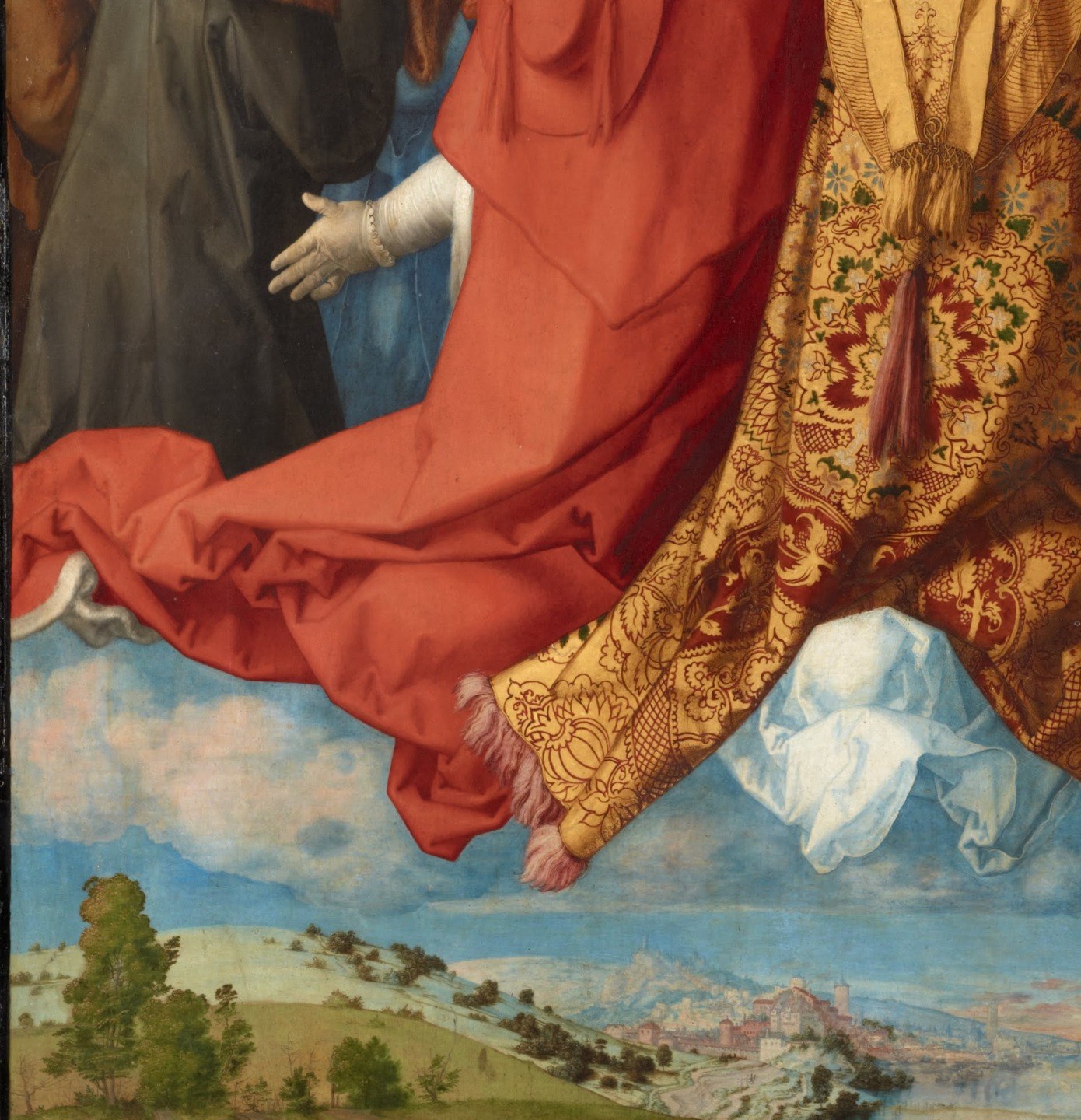 Below, a multitude of richly dressed figures pray.