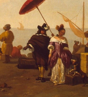 A woman with a vibrant parasol watches the scene unfold.