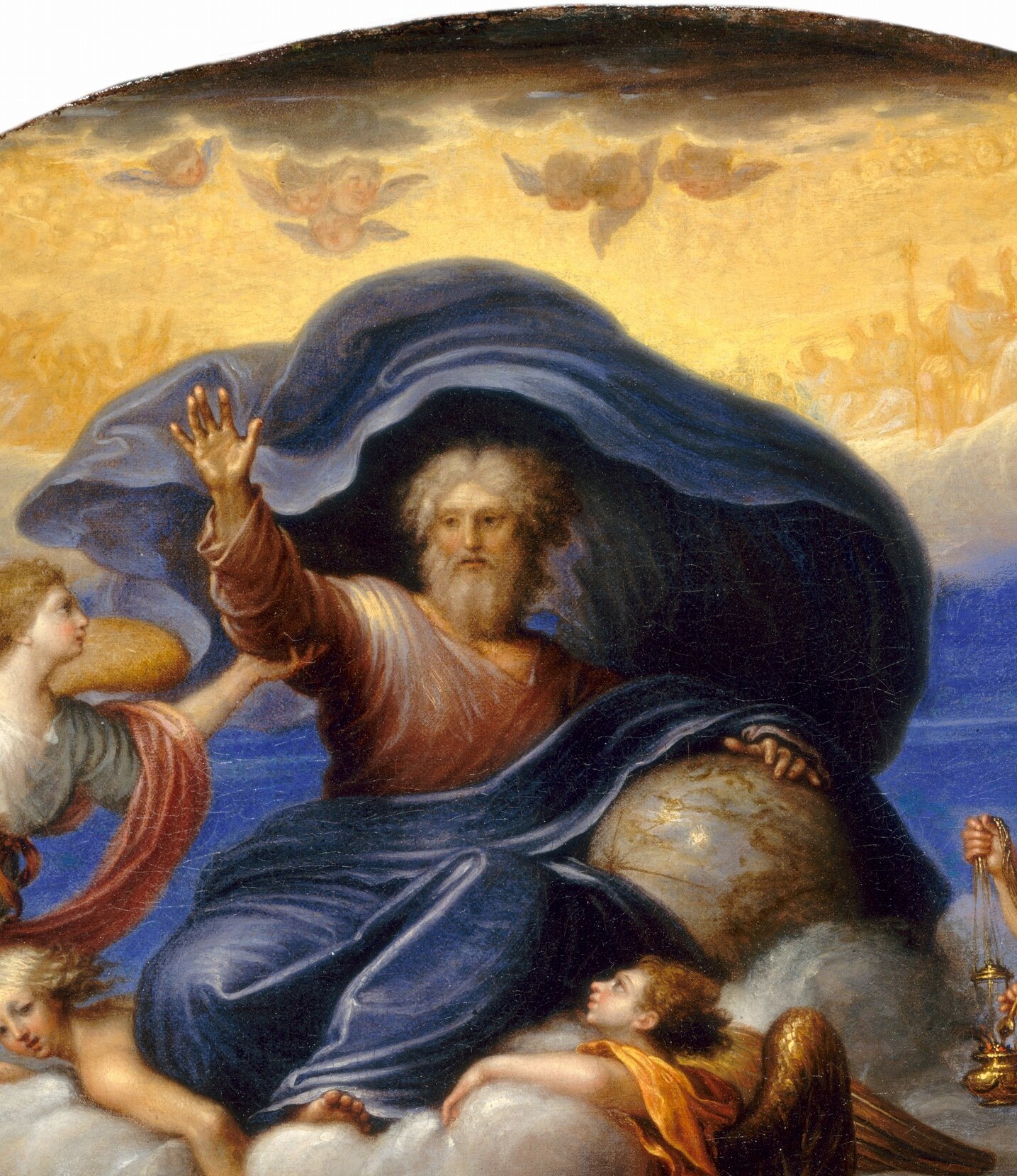 The compositional and theological anchor of the entire scene; his open-arm pose simultaneously reads as benediction, command, and welcome , worth dwelling on as the emotional core.