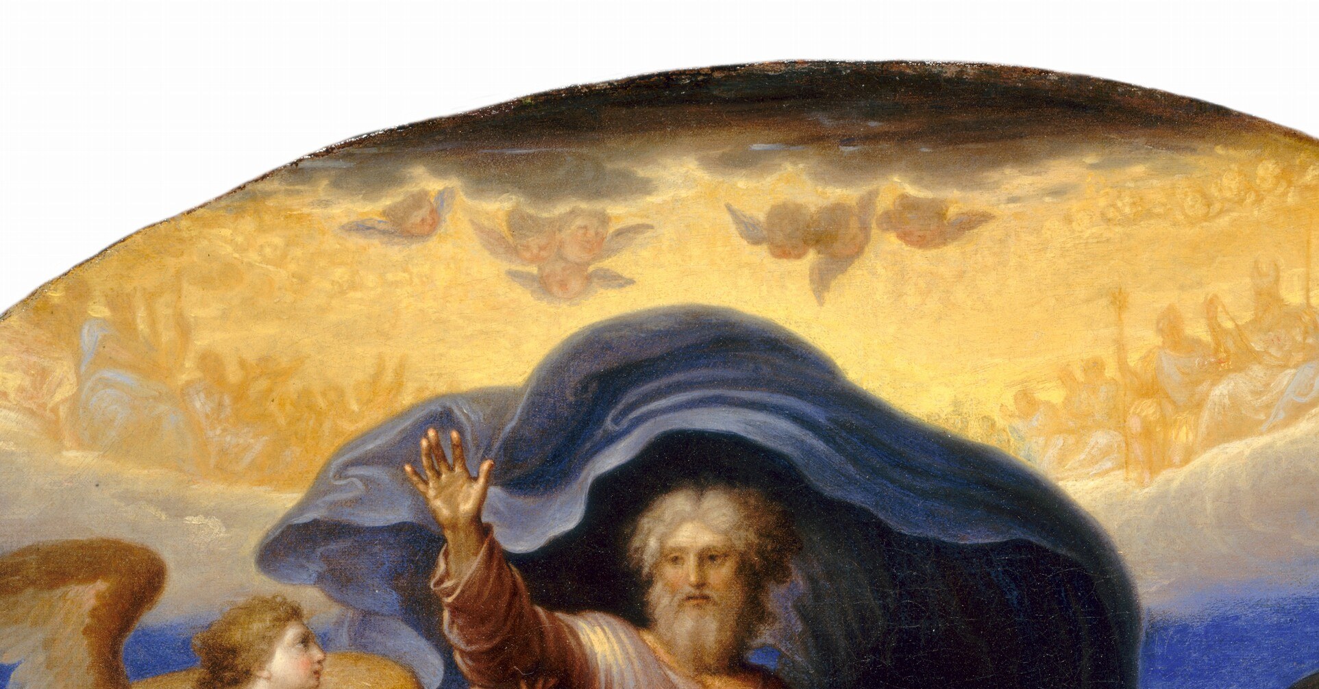 The painting's primary light source; the warm gold against deep blue is the key chromatic contrast , studying this passage reveals the painter's understanding of divine light as warmth, not just brightness.
