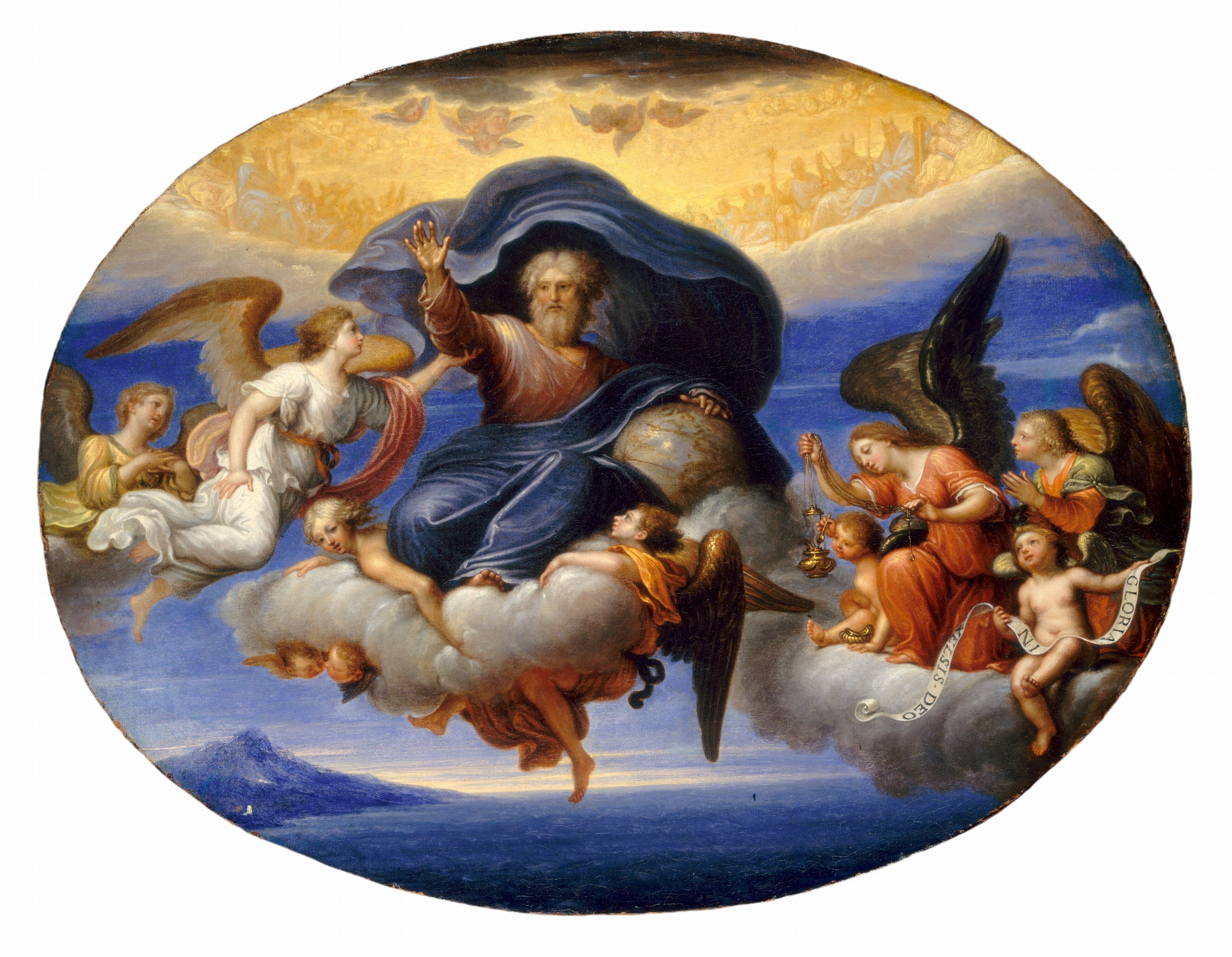 The oval format is itself a devotional convention , derived from altarpiece tondi and ceiling oculi; it frames the heavenly scene as a literal window above the viewer, demanding an upward gaze of supplication.