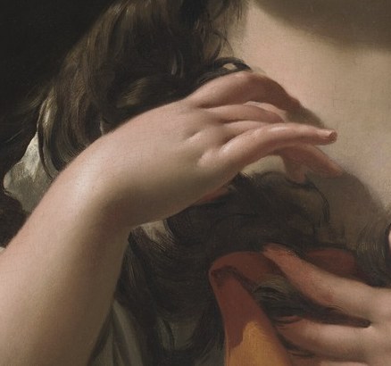 Her hands convey spiritual contemplation.
