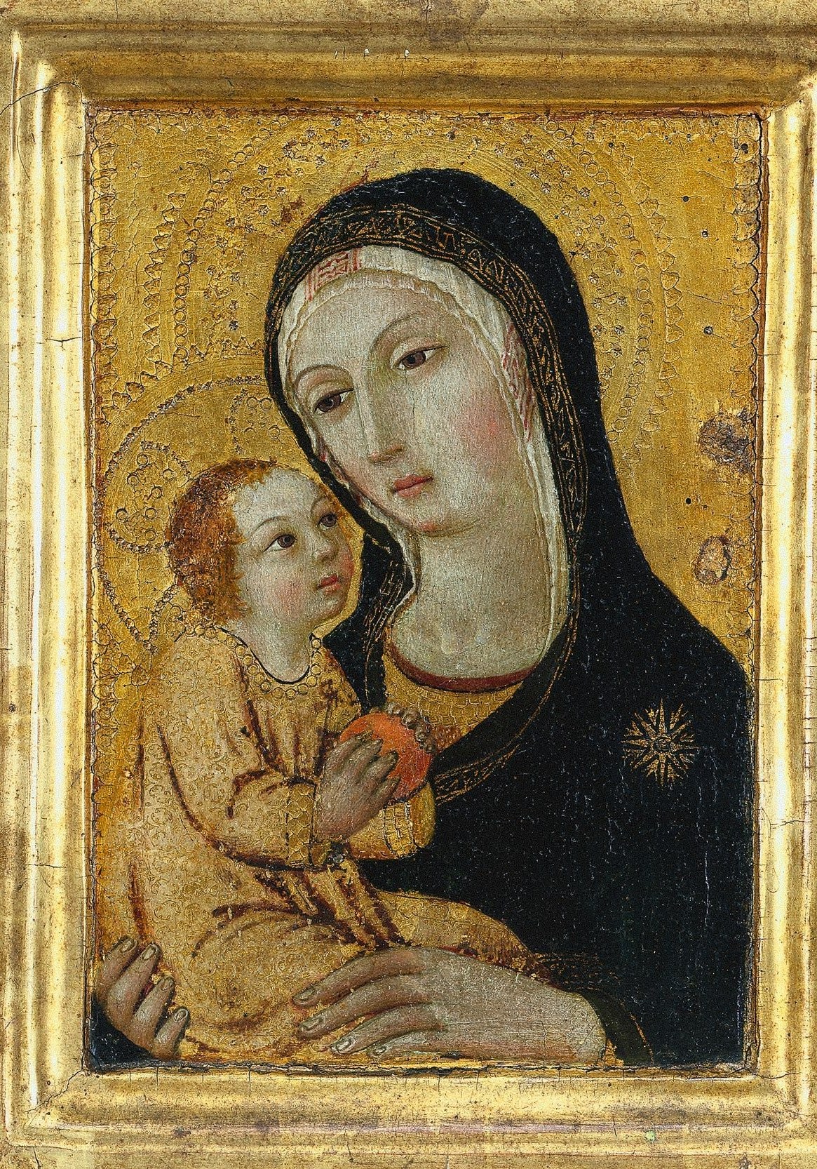 Dominant tonal mass of the composition; ultramarine (or its 19th-c synthetic stand-in) used in broad flat passages , the hue and its handling date or betray the panel
