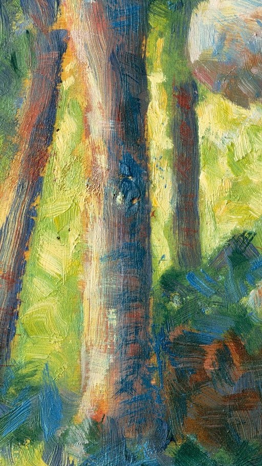 The verticality of the trees provides a strong compositional element and suggests a dense, natural setting.