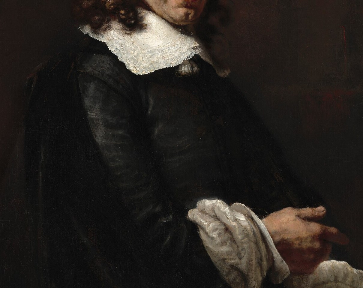 The broad dark mass of the coat shows Rembrandt's late loose brushwork , texture is suggested rather than described, demonstrating the 'rough manner' style