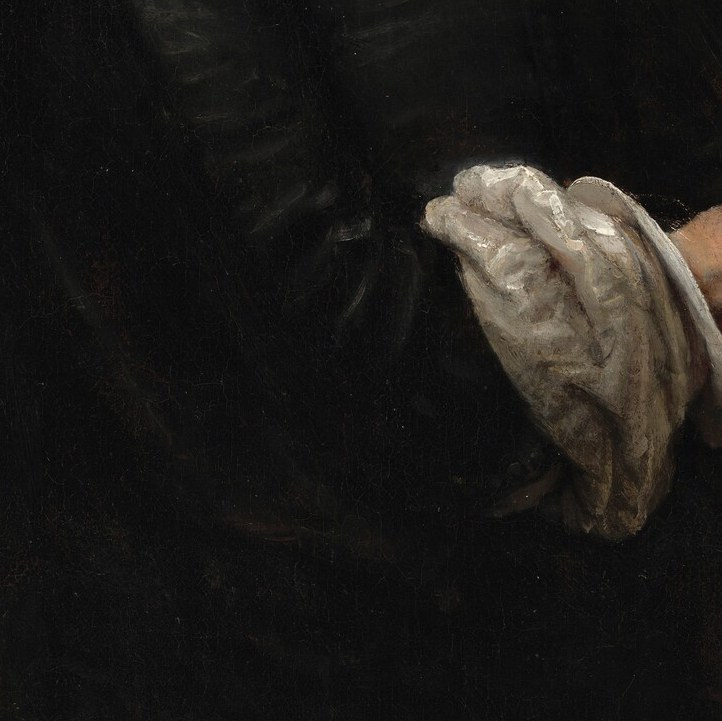 The gloves are the painting's title object and a symbol of gentlemanly status; loosely held rather than worn, they suggest casual ease and social confidence