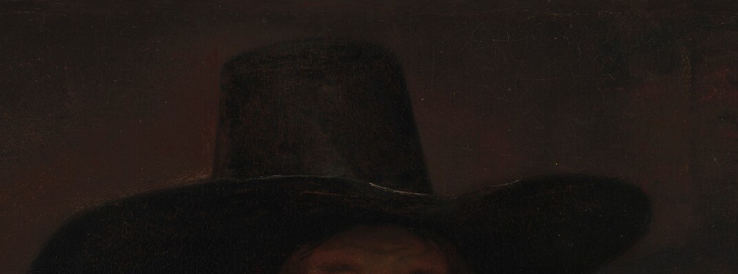 The hat's silhouette dominates the upper composition and signals 17th-century Dutch bourgeois status; its dark mass anchors the tonal structure