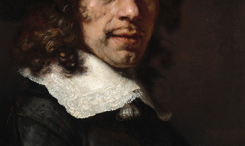 The brilliant white collar is the brightest accent in the painting, drawing the eye down from the face and contrasting with the dark doublet , a deliberate compositional device