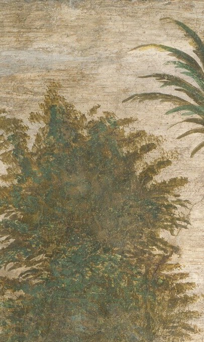 Palms are rare in Lombard fresco backgrounds and carry associations with victory and martyrdom; its vertical thrust directly above the dying figure is unlikely to be accidental.