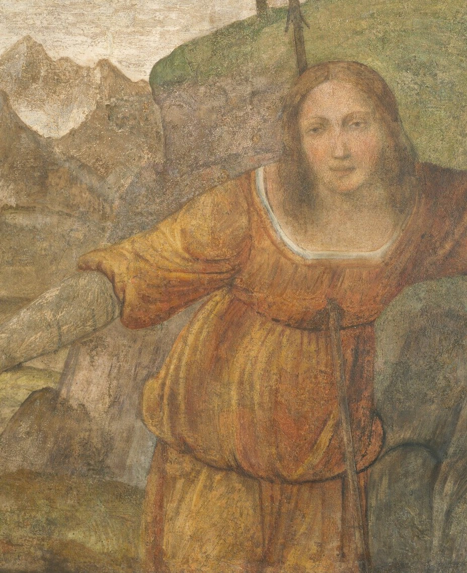 The warm orange dominates the lower two-thirds of the image and reads as a pool of color gathering at the ground , the fresco pigment is rich, making this a striking close-up target for texture.