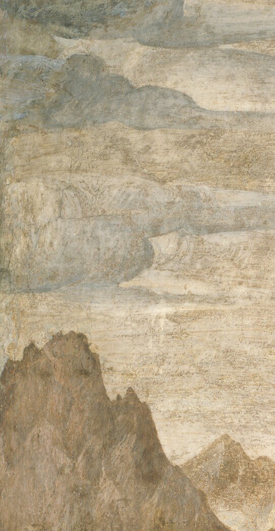 The craggy rock face fills the left margin and creates a harsh counterpoint to the soft figure , this textured passage of fresco stonework is a technique showcase in itself.