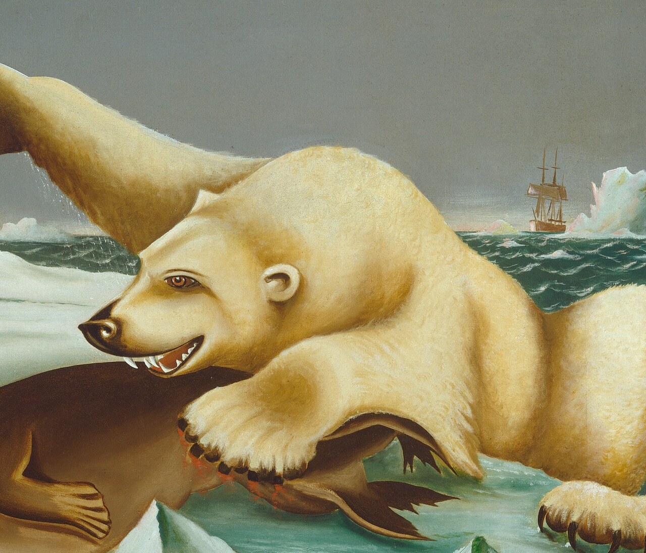 The fur's warm ivory-yellow against the cold blue-white ice is a deliberate temperature contrast , a virtuoso colorist move that makes the bear feel alive and feverish amid the frozen world