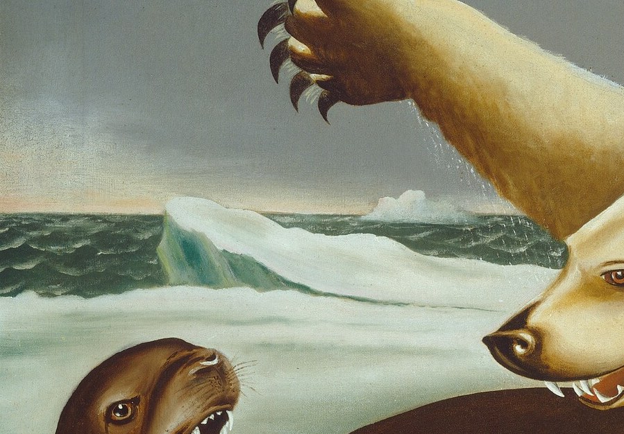 The seal's open mouth is the painting's emotional center , it could be a cry, a bark of defiance, or the last breath; the ambiguity is powerful