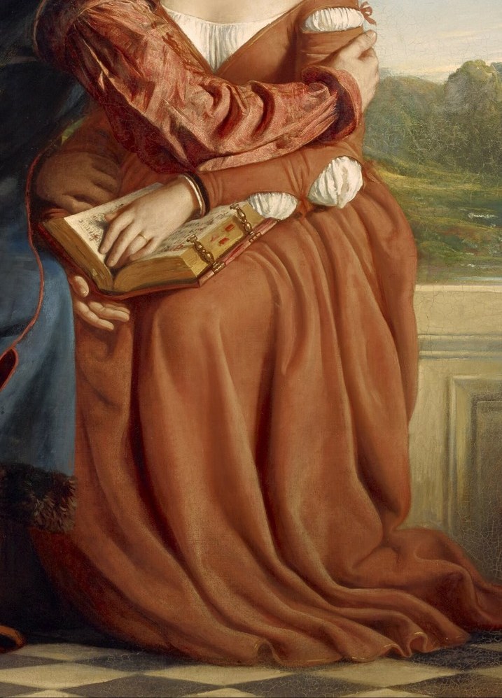 The rich, flowing fabric of her gown symbolizes passion and perhaps her tragic fate.