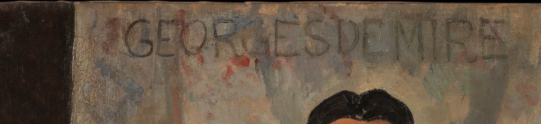 Unusually integrated into the canvas surface rather than a label , ambiguous whether it names the sitter or functions as a title/signature element, making it a conversation-starter about identity.