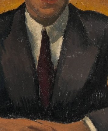 A narrow passage of brightness that draws the eye downward from face to body; the collar's precision against the loose brushwork elsewhere highlights La Fresnaye's selective detailing.