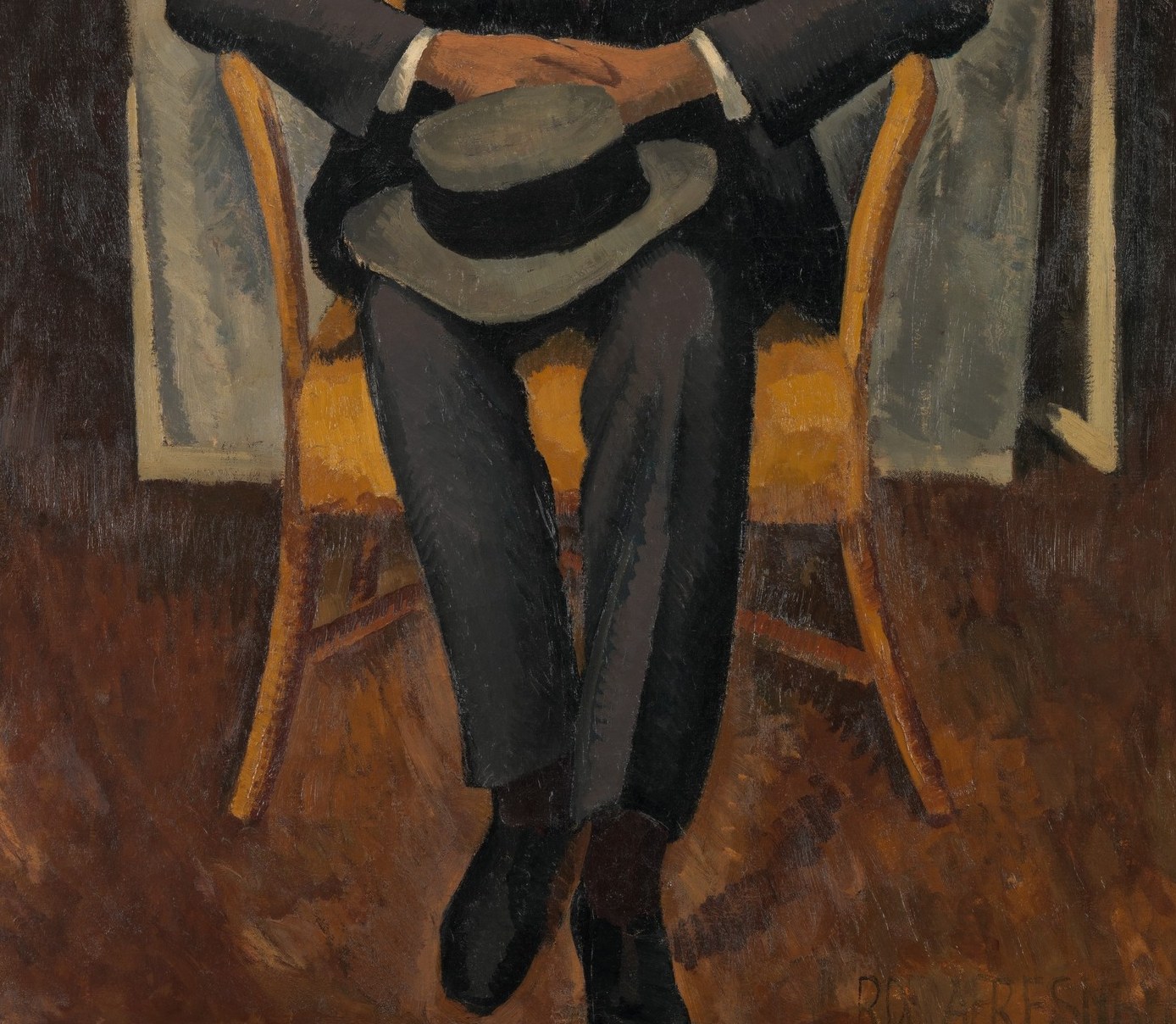 The warm ochre of the chair creates the painting's strongest color contrast against the dark suit and cool background , it functions structurally like a throne, elevating the sitter's authority.