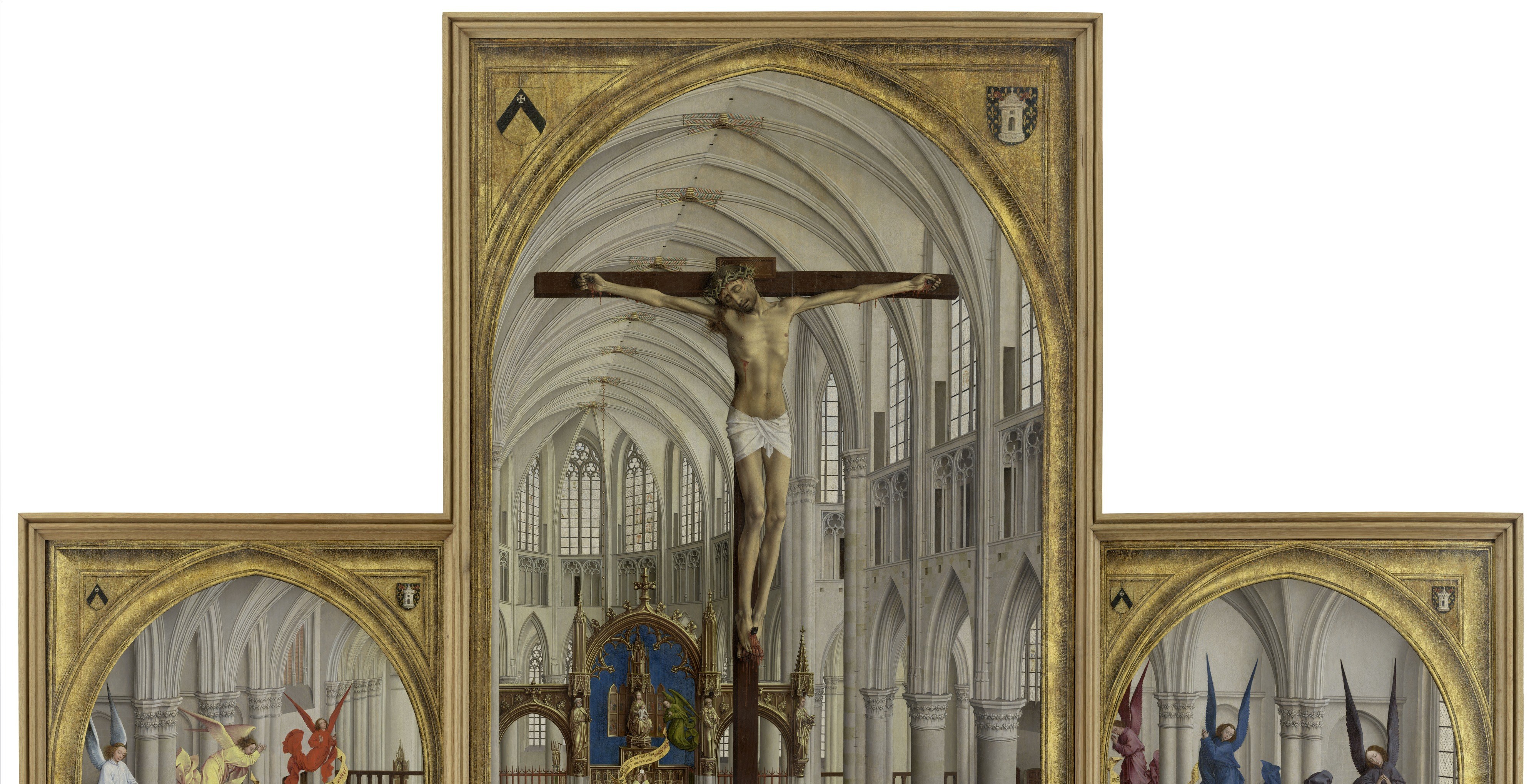Van der Weyden sets all seven sacraments inside one continuous Gothic church , an architectural fiction that is historically remarkable and theologically deliberate.
