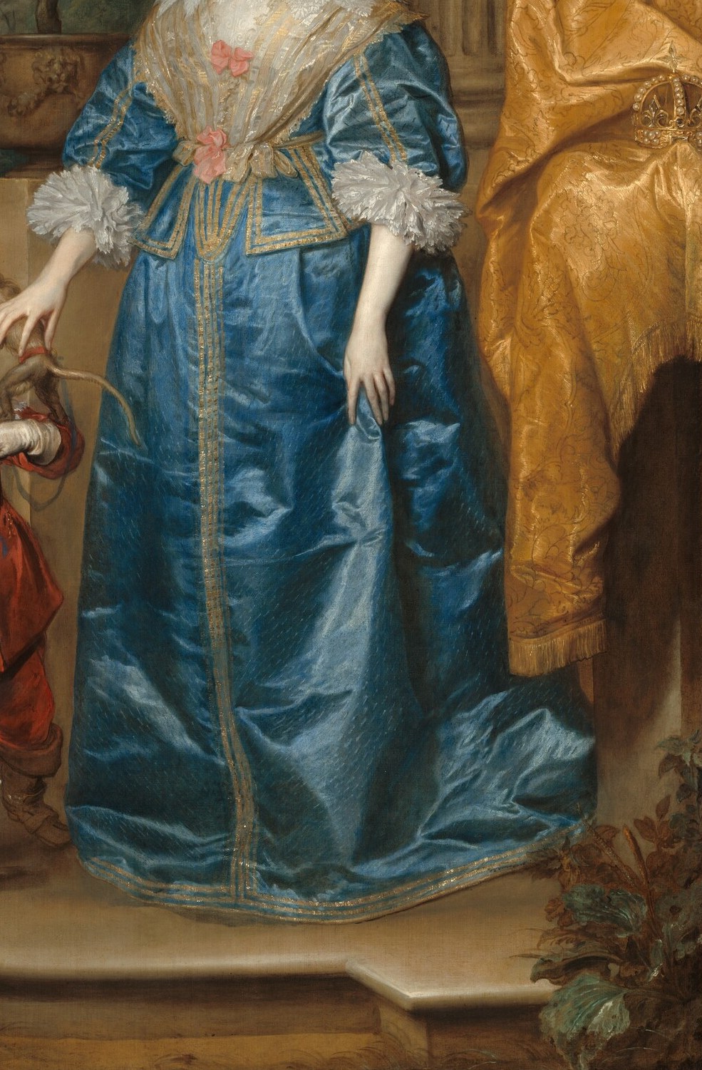 The dominant compositional mass , Van Dyck's raking-light treatment of blue satin became the benchmark for painted silk in European portraiture