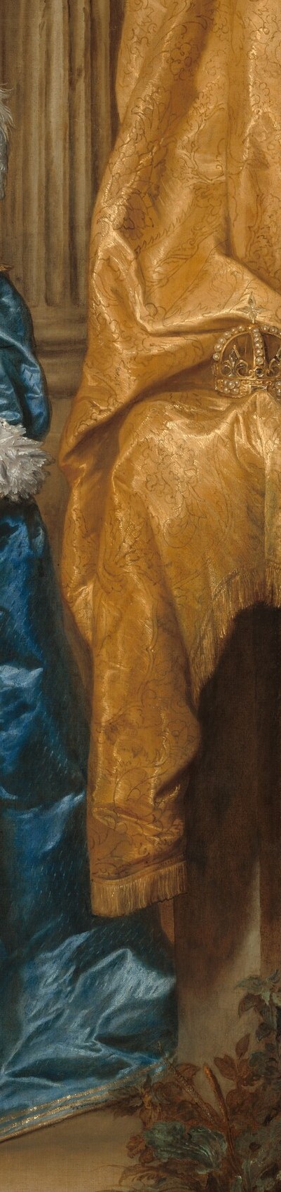 A deliberate coloristic foil , the warm amber curtain makes the queen's cool blue gown optically vibrate and anchors the composition's right edge