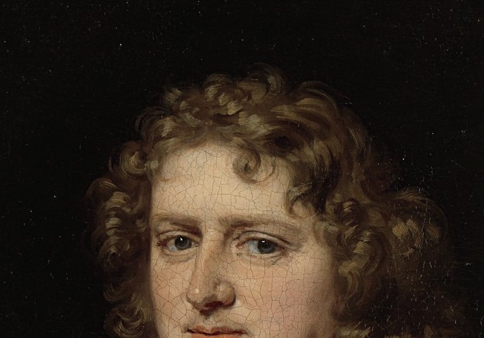 The voluminous, tousled hair adds to the sitter's opulent appearance and the era's fashion.