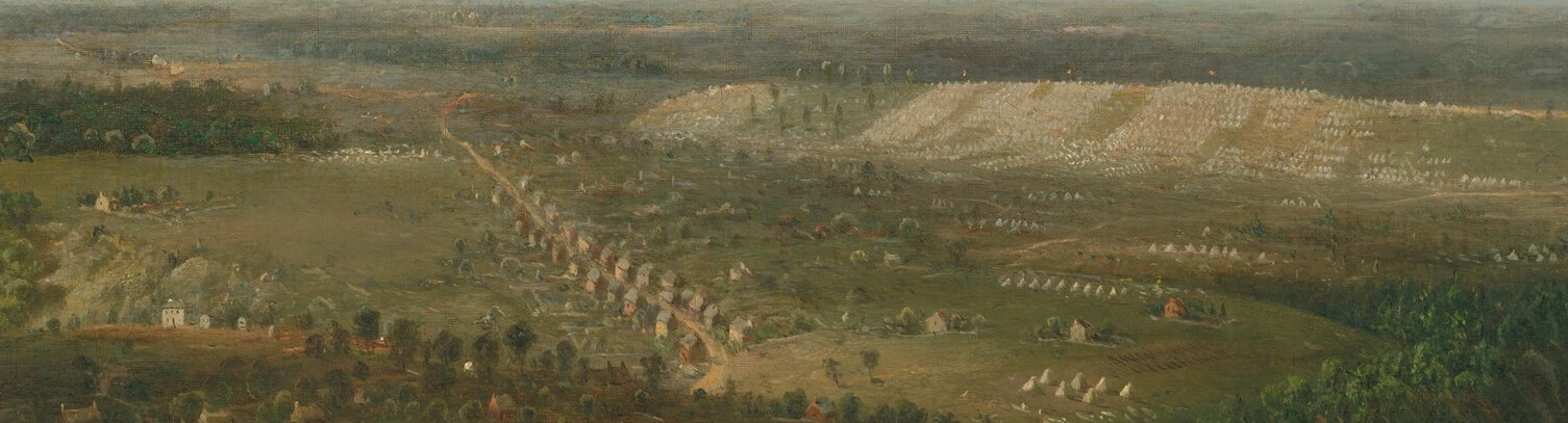 Below, a vast encampment signals the logistical scale of the conflict.