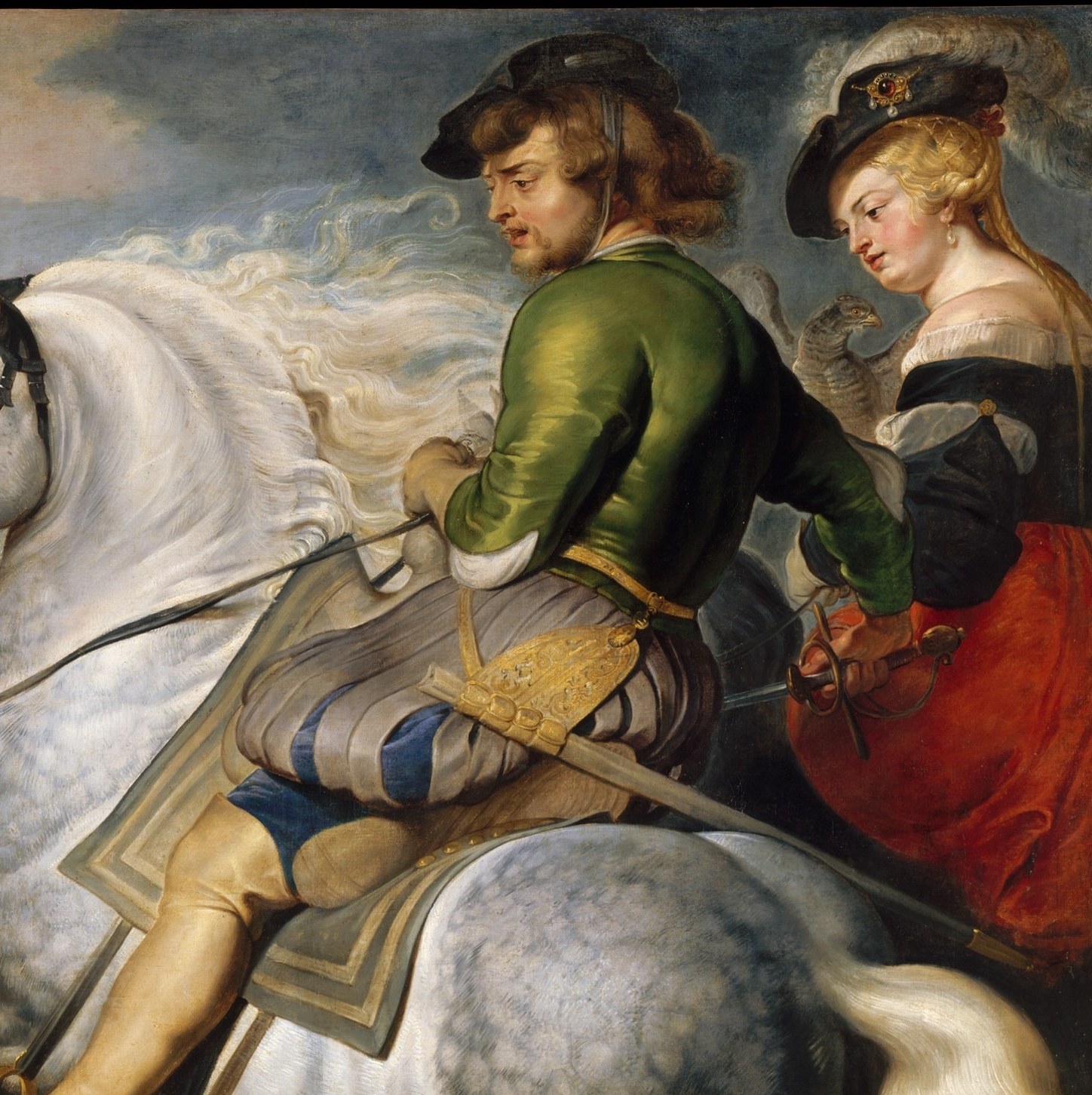 Elegantly dressed female rider holding a spear , an unusual female protagonist in a violent hunt, suggesting courtly patronage and adding gender tension to the scene.