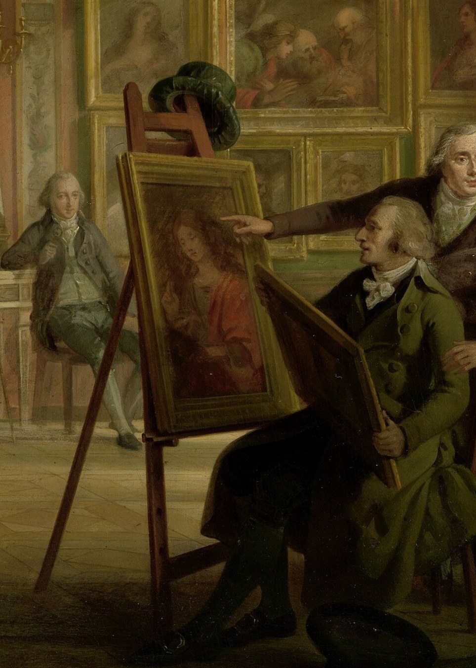 His guests examine a painting on an easel, displayed for them.