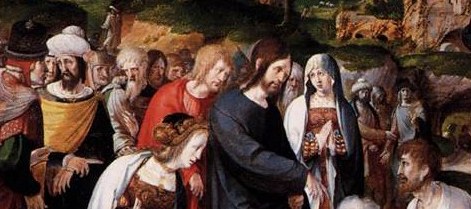 The diverse crowd shows astonishment and reverence for the miracle.