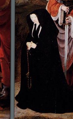 This woman in black holds a rosary, a symbol of piety.