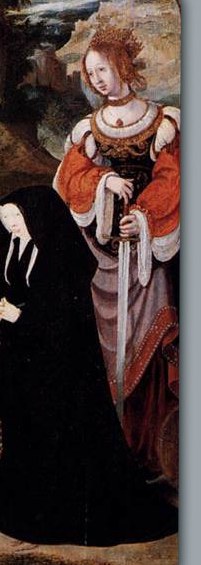 Notice her elaborate red and gold dress, suggesting high status.