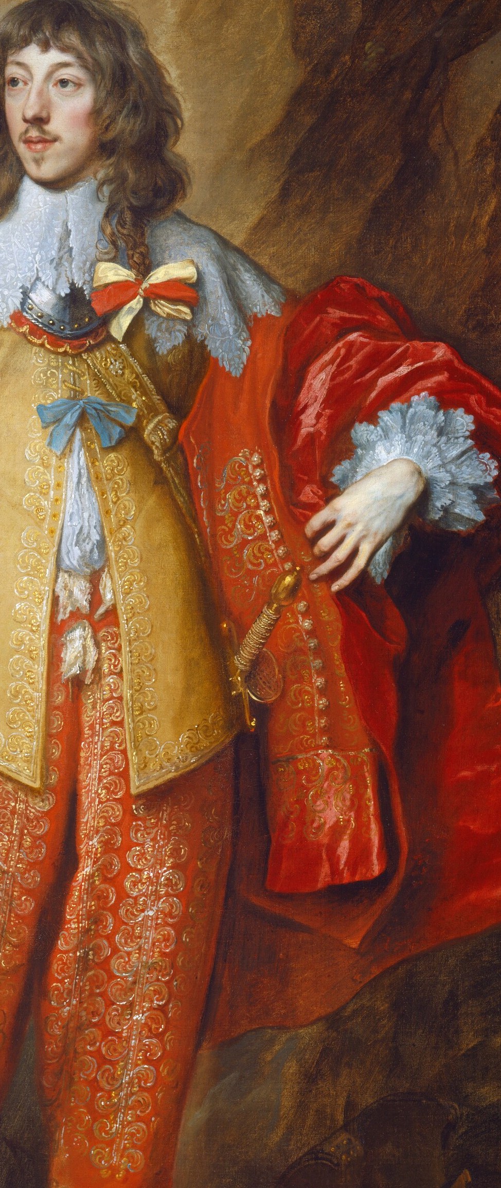 A single blazing stroke of red that anchors the composition's right half; the satin sheen shows Van Dyck's mastery of directional light on liquid fabric.