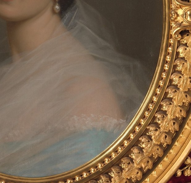 Her sheer blue shawl, rendered with subtle folds, feels ethereal.