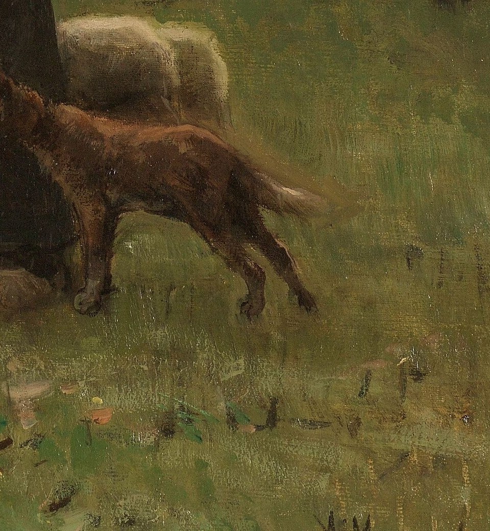 The loyal working dog blends with earth tones; its calm seated posture signals the flock is content and safe