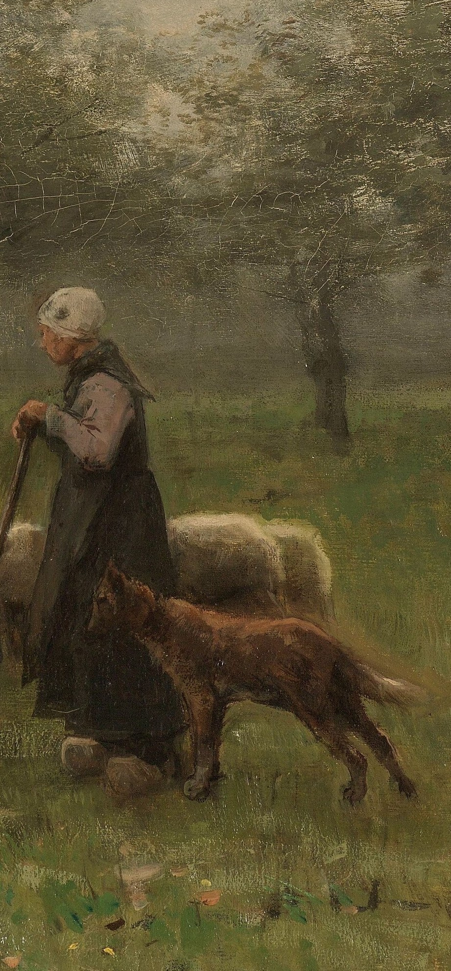 The solitary human presence anchoring the composition; her upright posture and staff convey quiet authority over the flock