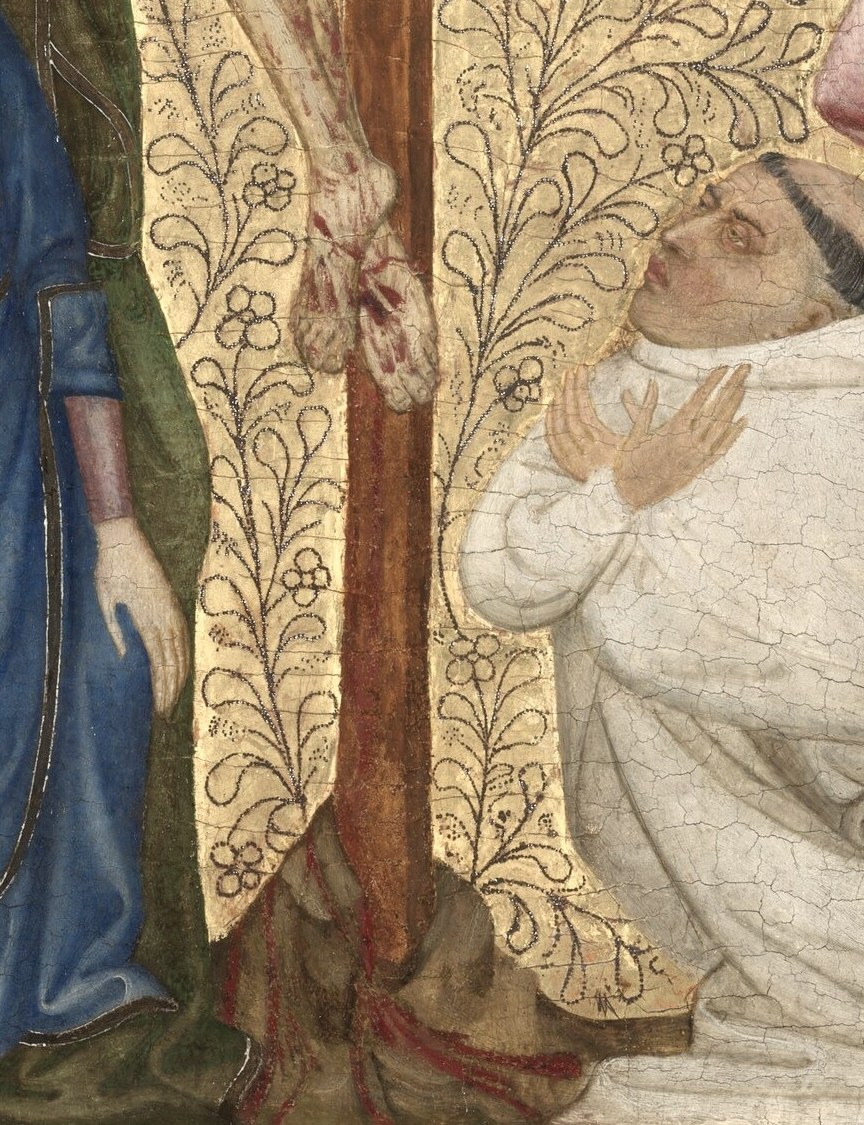 The panel's central conceit: a monk from 1390 inserted into the Passion narrative, collapsing 1,300 years , the original cell owner saw himself here, the painting a devotional mirror.