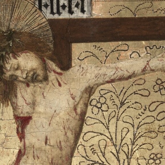 The head inclines forward in death, haloed in punched gold that merges with the background , divinity and suffering collapsed into a single posture.