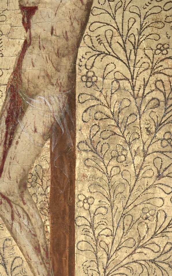 Visible ribcage and the gaping side wound were focal points for Carthusian meditation on the Passion; the blood trails are a map of suffering for the private viewer.