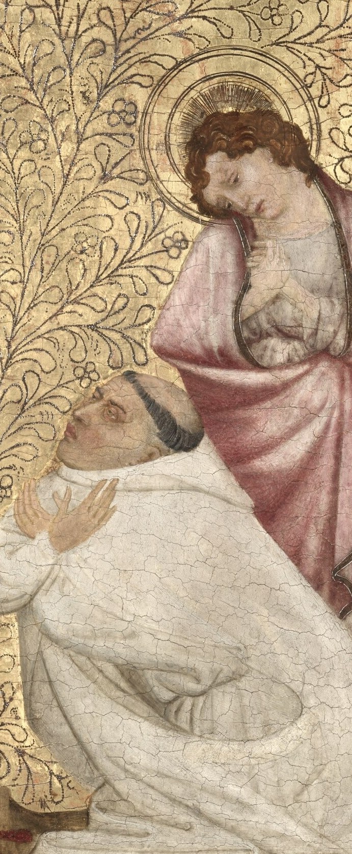 His inclined, sorrowful head contrasts with the monk below , the witness of scripture placed beside the witness of fourteenth-century Burgundian devotion.