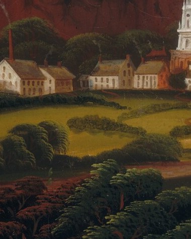 The sharp white steeple is the compositional anchor of the village, identifying this as a New England-style Protestant church and anchoring the settlement's identity in the landscape.