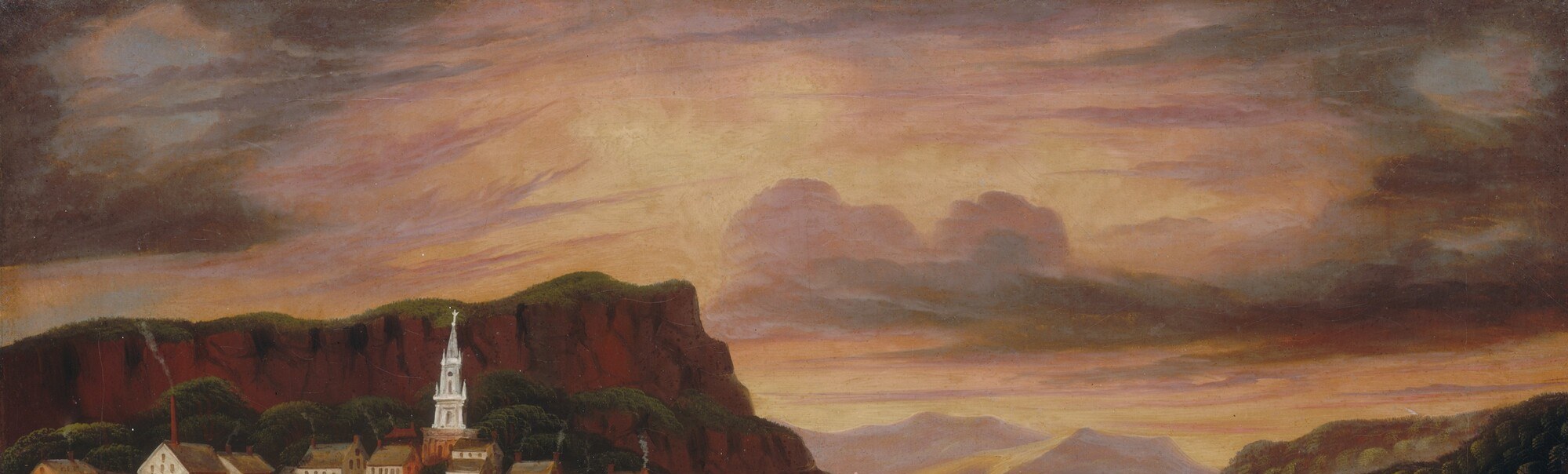 The brooding, luminous sky , warm gold at the horizon bleeding into violet cloud , is the emotional core of the painting, typical of Chambers's theatrical atmospherics.