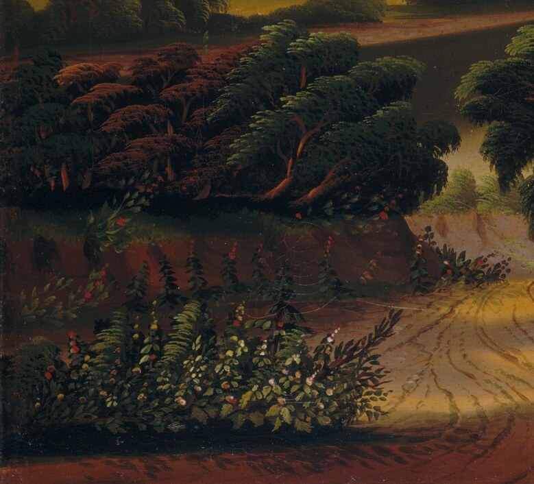 The heavy, stylized foliage frames the composition in the Hudson River School tradition, contrasting earthy shadows with the luminous lake beyond , a classic repoussoir device.