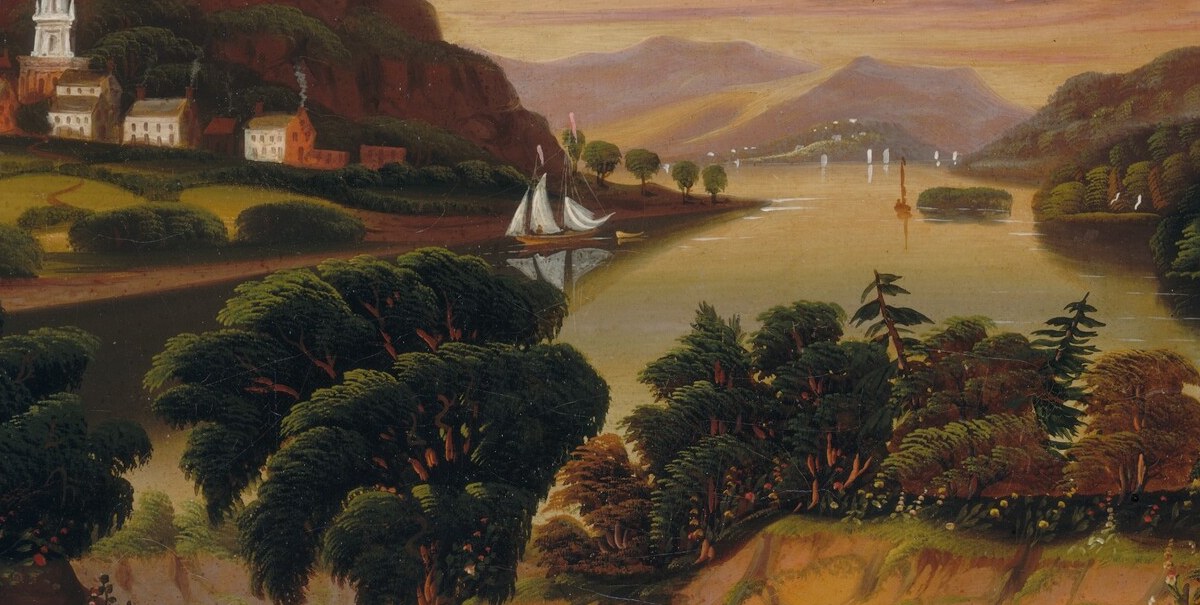 The lake's mirror-like sheen demonstrates Chambers's folk-art handling of light , flat yet evocative, it captures the Romantic ideal of nature as a serene stage.