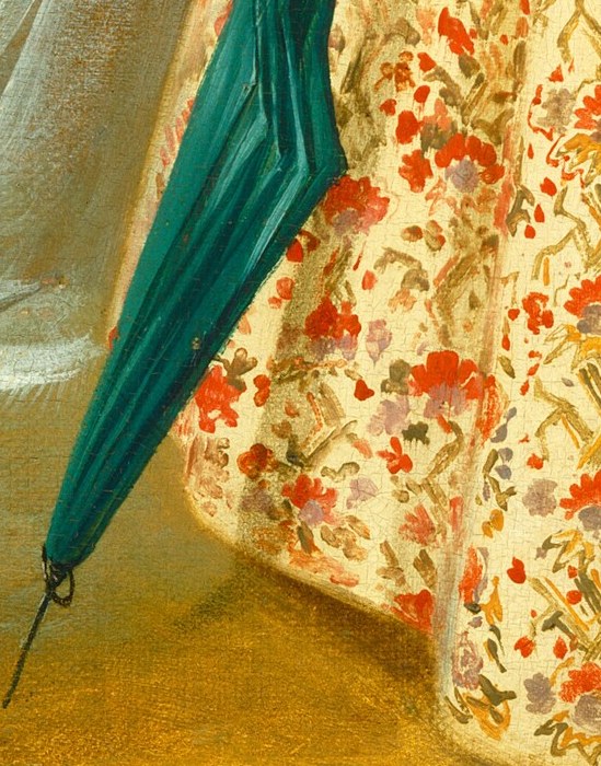 The closed parasol, held casually, suggests a pause in her outdoor activity, adding to the serene atmosphere.