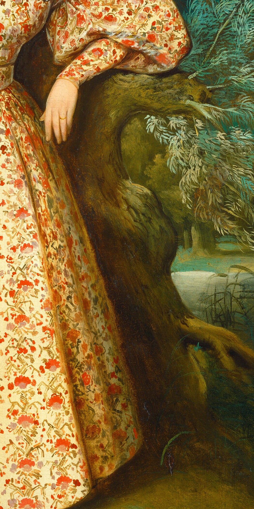 The rough bark and gnarled form of the tree provide a strong, grounding element and a tactile contrast to the sitter's smooth skin and fabric.