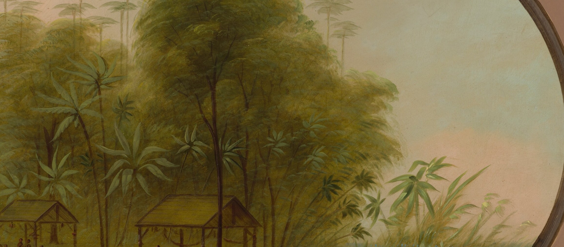 Here, he depicts an Arowak village, nestled in lush foliage.