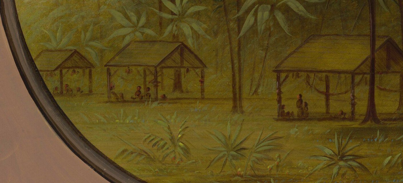 Smoke rises from these huts, suggesting daily life within.